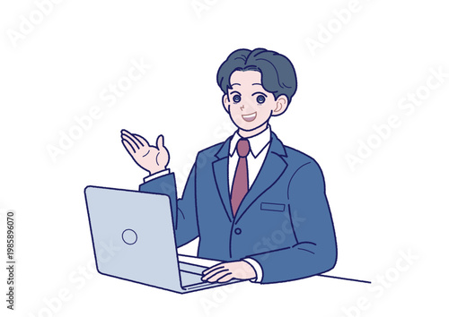 スーツ姿の若い男性がノートパソコンを前に説明しているイラスト