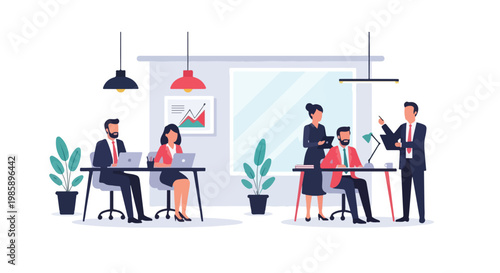 A group of corporate professionals works diligently at their desks in a contemporary office setting with modern lighting and decor.