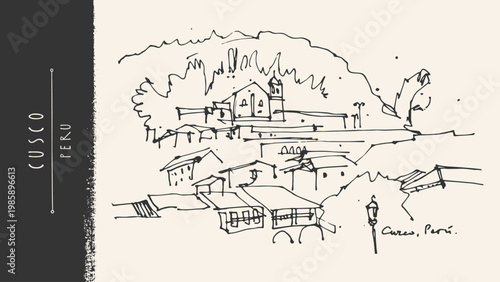 Cusco, Peru. Plaza de Armas square sketch postcard. Colonial cathedral, arcades, fountain. Mountainous Andes landscape view. Vintage hand drawn vector illustration, travel poster, line architecture bg