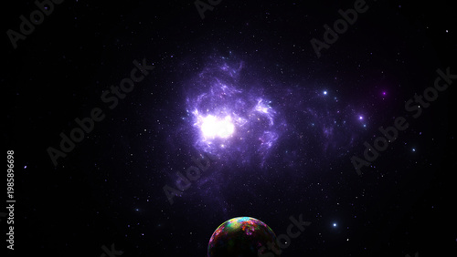 Vibrant Alien Planet with Glowing Purple Nebula and Distant Stars in Deep Cosmic Space