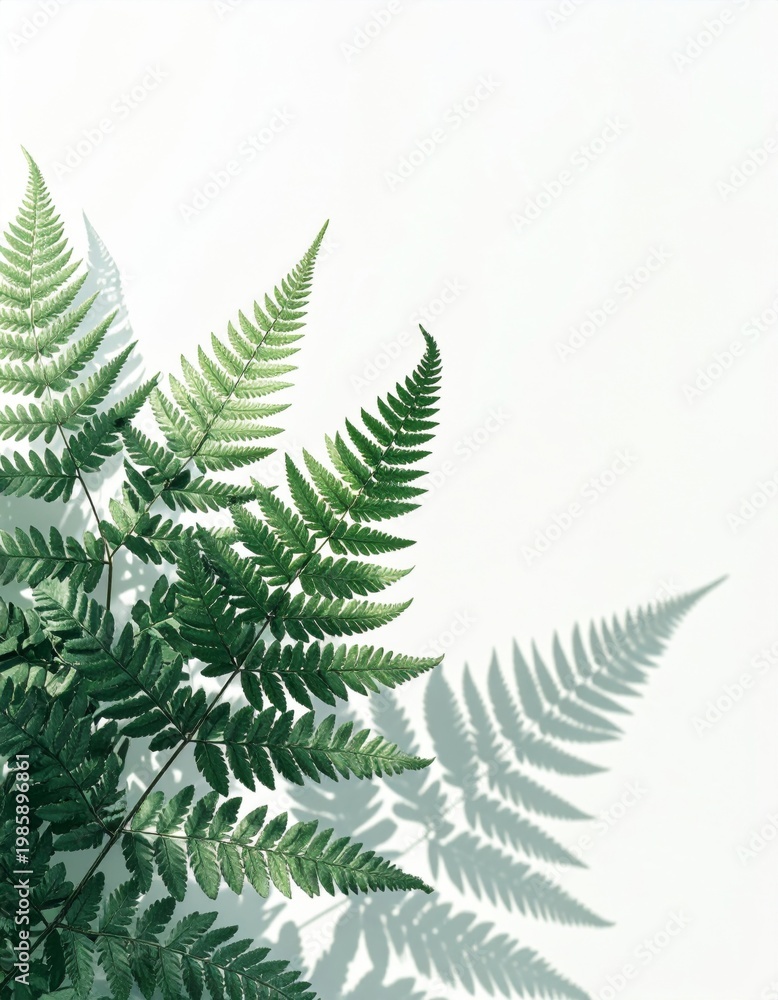 Obraz premium Green Fern Frond Against White Background Casting Long Angular Shadow