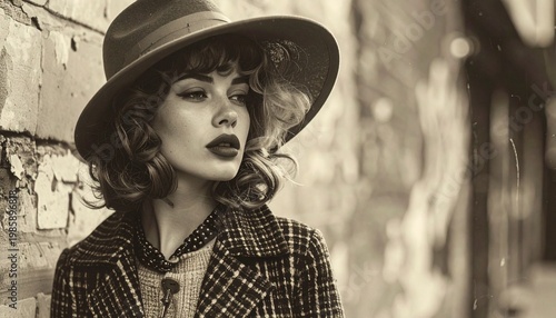 Vintage Portrait of a Stylish Woman in Hat and Plaid Coat.