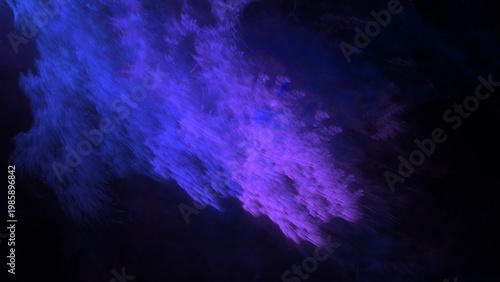 Abstract blue and purple light streaks flow dynamically across a dark background, creating an ethereal and energetic visual effect.