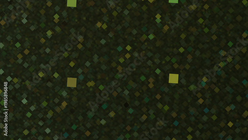 Dark abstract background with scattered green, yellow, and brown geometric square shapes