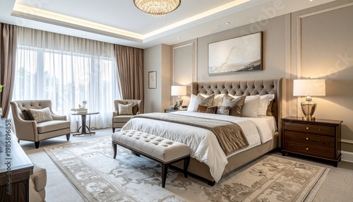 Luxurious and Elegant Bedroom Interior with King-Size Bed and Stylish Furnishings.