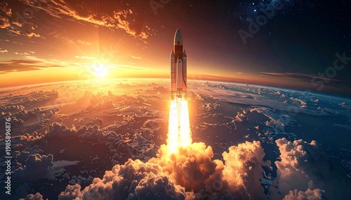 Powerful rocket launch from Earth into space at sunrise.