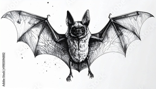 Detailed ink drawing of a bat with outstretched wings.