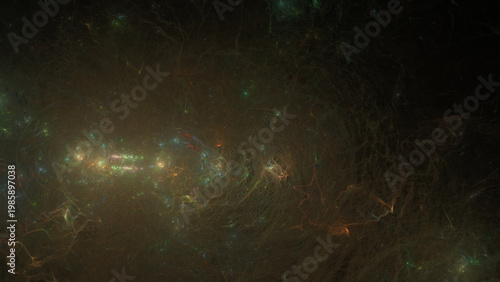 Abstract Digital Art Background with Glowing Organic Filaments and Colorful Light Particles