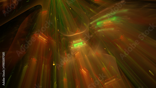 Modern abstract background with dynamic glowing green and orange light streaks, illustrating data flow, energy, or futuristic technology.