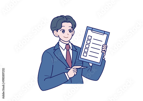 書類とペンを持ったスーツ姿の若い男性のイラスト