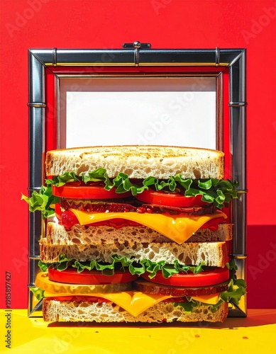 Stacked Sandwich with Lettuce Tomato and Cheese in Picture Frame Still Life