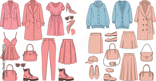 Women wardrobe capsule vector set with coats dresses skirts shoes bags and stylish fashion outfit collection