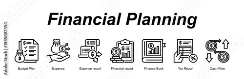 Financial Planning banner web icon vector illustration concept with an icon of Budget Plan, Expense, Expense report, Financial report, Finance Book, Tax Report, Cash Flow
