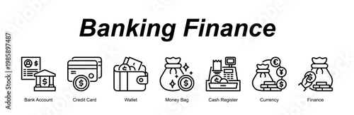 Banking Finance banner web icon vector illustration concept with an icon of Bank Account, Credit Card, Wallet, Money Bag, Cash Register, Currency, Finance