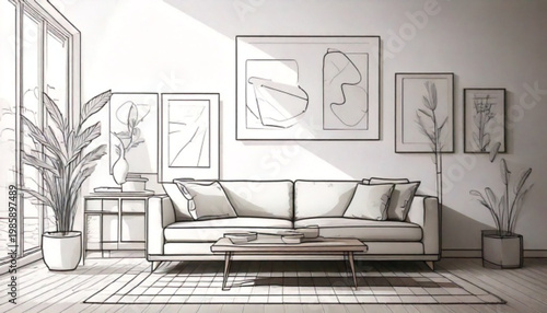 Modern Living Room Interior Design Sketch with Sofa and Plants.