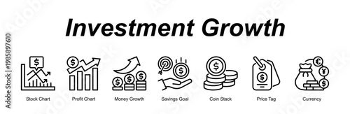 Investment Growth banner web icon vector illustration concept with an icon of Stock Chart, Profit Chart, Money Growth, Savings Goal, Coin Stack, Price Tag, Currency