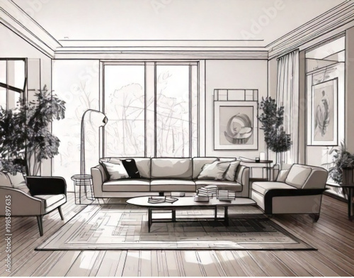 Modern Living Room Interior Design with Large Windows and Sofa.