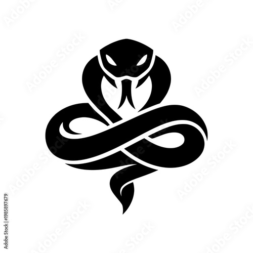 A black snake with glowing eyes coiled in a menacing pose on a white background, symbolizing danger and stealth, perfect for designs needing a touch of edginess and mystery.