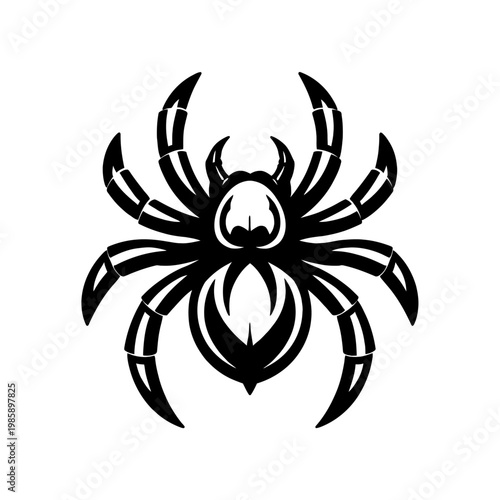 A black spider with eight legs and sharp claws on a white background, a symbol of Halloween or creepy crawlies