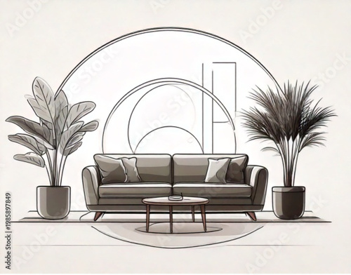 Modern Living Room Sofa With Plants And Geometric Design.