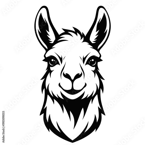 Black and white llama head illustration with a smiling face and pointy ears on a white background