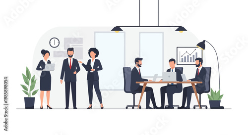 Professional office workers are seen collaborating, standing in discussion and sitting at a desk with laptops in a modern workspace.