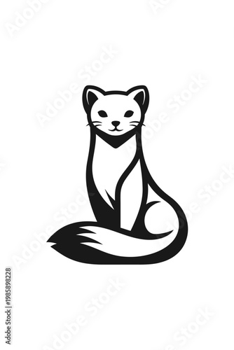 A black and white illustration of a weasel sitting on its haunches looking forward with a calm expression on its face.