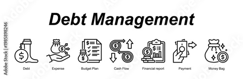 Debt Management banner web icon vector illustration concept with an icon of Debt, Expense, Budget Plan, Cash Flow, Financial report, Payment, Money Bag