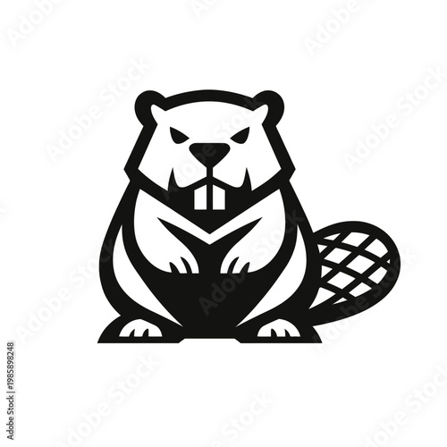 A black and white illustration of an angry beaver with a menacing expression sitting on its haunches looking forward with a flat tail