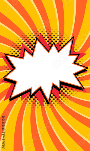 Comic starburst banner with bold jagged shape and copy space on bright yellow and orange spiral background. Dynamic retro vector background for sale ads, promo posters, discount announcements