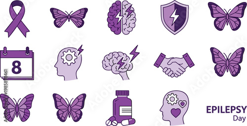 Epilepsy Awareness Day Purple Icon Set with Brain Butterfly Ribbon Medicine Shield and Mental Health Elements