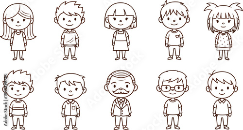 Cute Cartoon Kids and Family Character Outline Set with Boys Girls and Adult People Doodle Collection