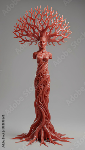 A 3d rendered illustration of a human brain and hand forming a black nature tree silhouette with a deer and woman symbol for a creative vector art design