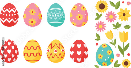 Colorful Easter Egg Collection with Floral Pattern Tulip Sunflower and Spring Celebration Decoration Elements