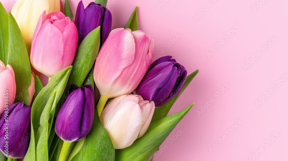 Obraz premium Closeup of a bouquet filled with pink tulips on a pastel background shows vibrant flowers perfect for any decoration or celebration