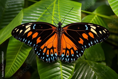 Butterfly wings showcasing intricate patterns and bright hues resting on a lush green leaf