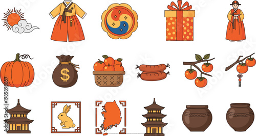 Korean Chuseok Harvest Festival Icon Set with Hanbok Pagoda Pumpkin Persimmon Rabbit Map and Traditional Elements