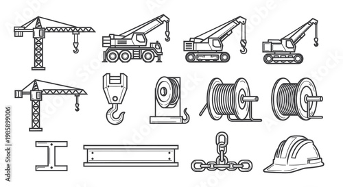 Industrial Construction Cranes and Heavy Lifting Machinery Vector Set