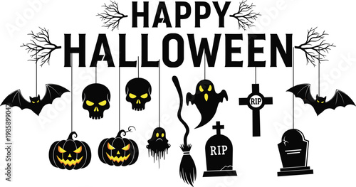 Happy Halloween Banner with Hanging Pumpkin Skull Ghost Bat Broom Grave and Spooky Black Silhouette Elements