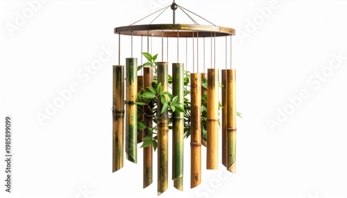 Bamboo Wind Chimes with Green Leaves and Wooden Hanger Isolated on White
