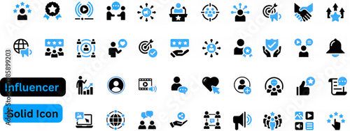 Influencer solid icon set. Blogger and Influencer web icon set contains Blog, monetization, personal brand, video, likes, social media, collection. Editable stroke. Vector illustration.