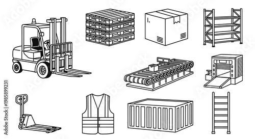 Warehouse Logistics and Cargo Handling Equipment Vector Collection