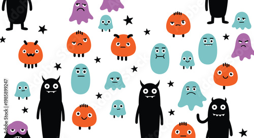 
Cute Colorful Cartoon Monster Pattern with Funny Ghost Alien Characters Stars and Playful Creature Collection
