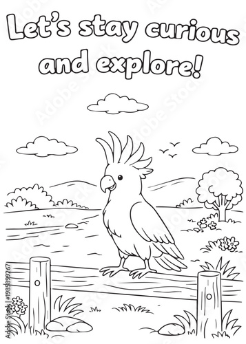 coloring book cute cockatoo staying curious and exploring nature