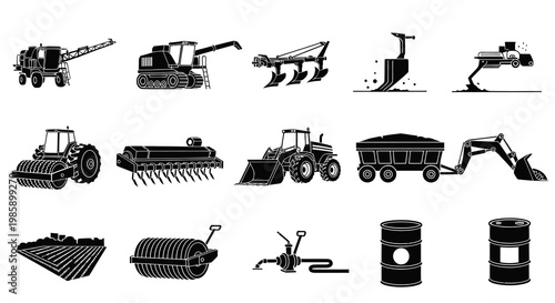 Heavy Agricultural Machinery and Industrial Construction Vehicle Silhouettes