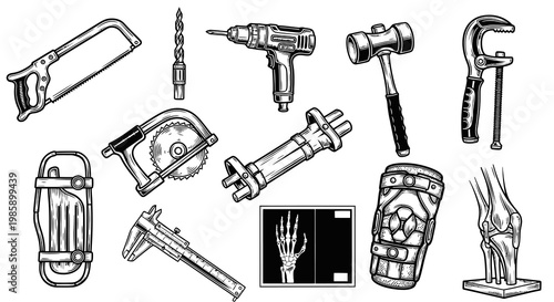 Orthopedic Medical Braces and Technical Hardware Tool Illustration