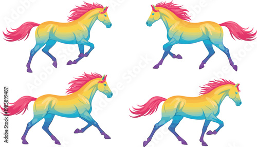 Colorful Rainbow Gradient Running Horse Collection with Pink Mane Vibrant Colors and Dynamic Pose Illustration