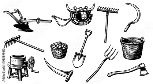 Vintage Hand Drawn Agricultural and Farming Equipment Vector Set