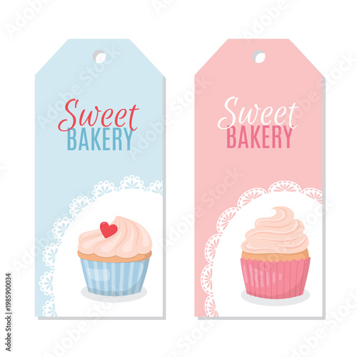 Set of Bakery labels templates with pink and blue muffins. Cupcake pastry shop price tags design