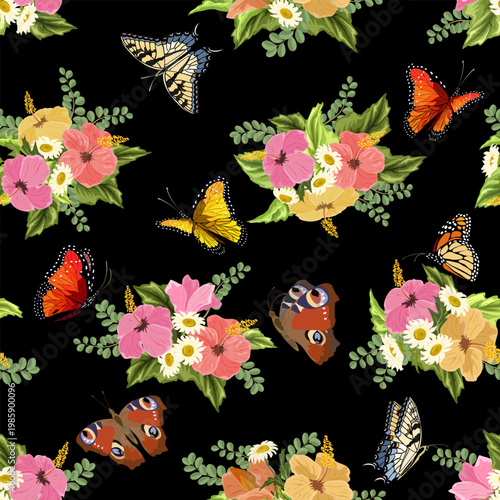 Bouquets with hibiscus and bright butterflies.Bouquets of hibiscus, daisies and butterflies on a black background in a vector pattern.